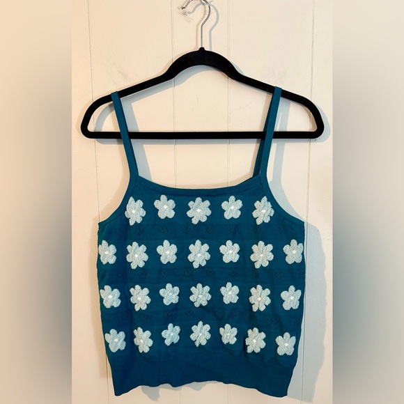Lea & Viola Anthropologie Tank Top Women’s Medium Blue Daisy Knit Boho Preppy - Picture 1 of 9